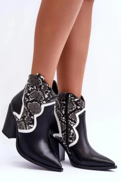 Damskie Wężowe Botki Kowbojki Czarno-Białe Leara