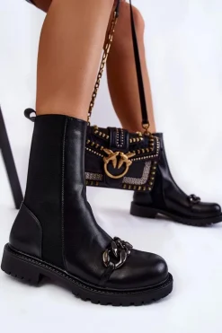 Damskie Wsuwane Botki Z Łańcuchem Czarne Maliya