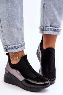 Damskie Wsuwane Buty Sportowe Na Koturnie Czarno-Srebrne Farro