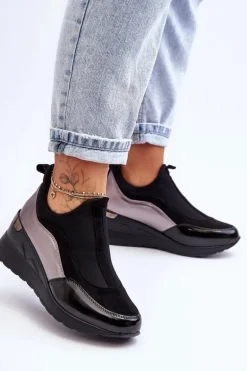 Damskie Wsuwane Buty Sportowe Na Koturnie Czarno-Srebrne Farro