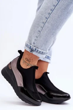 Damskie Wsuwane Buty Sportowe Na Koturnie Czarno-Srebrne Farro