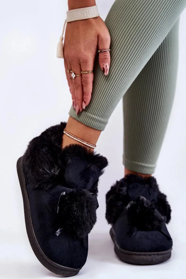 Damskie Wsuwane Futrzane Papcie Z Pomponem Czarne Noemi