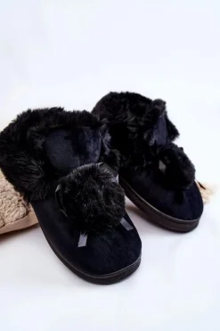 Damskie Wsuwane Futrzane Papcie Z Pomponem Czarne Noemi