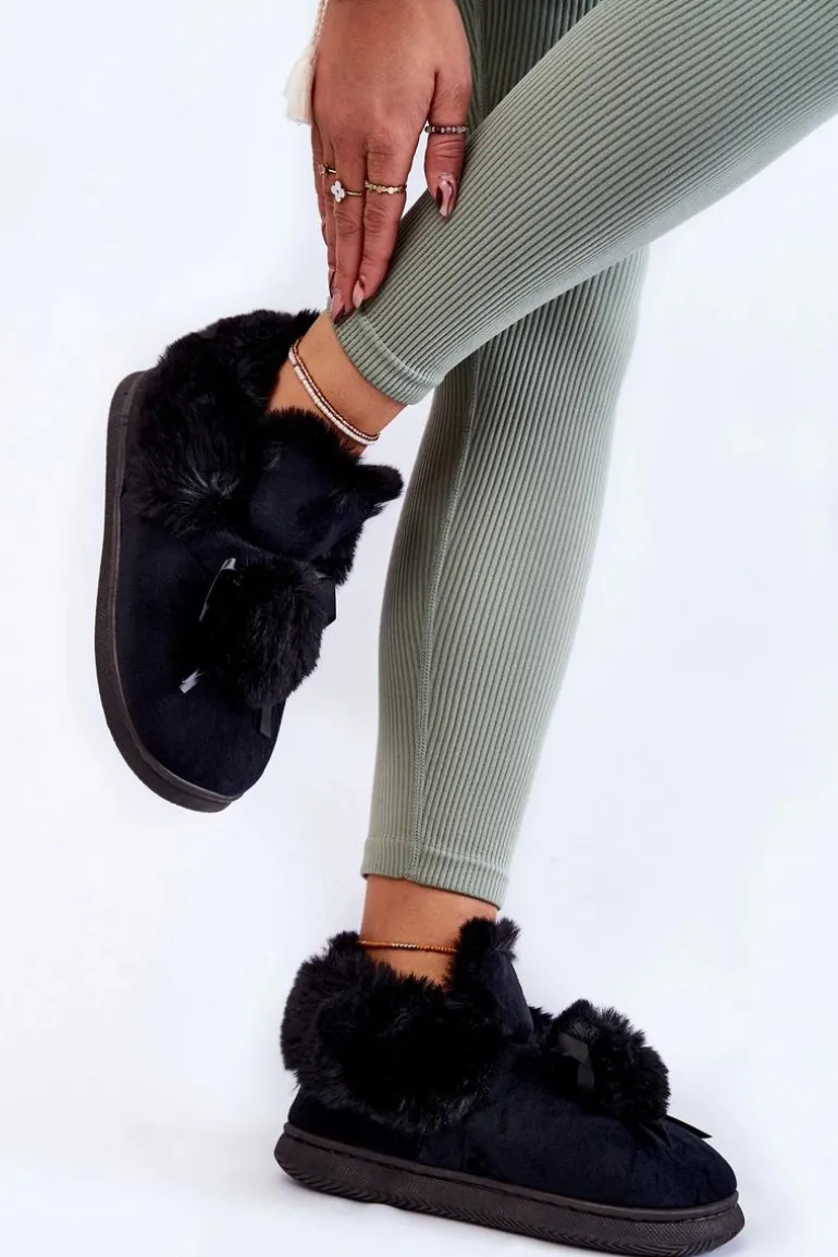 Damskie Wsuwane Futrzane Papcie Z Pomponem Czarne Noemi