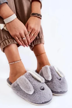 Damskie Wsuwane Futrzane Papcie Szare Remmi
