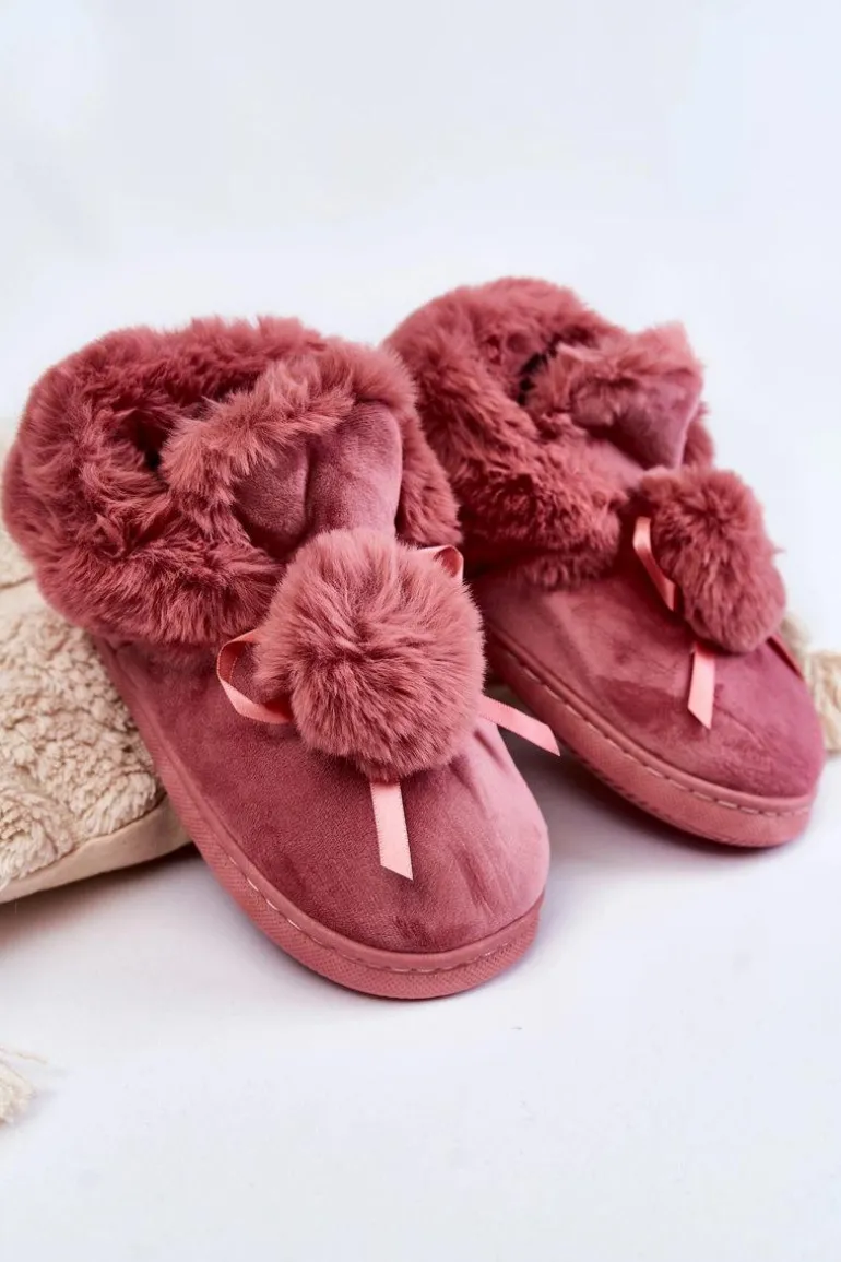 Damskie Wsuwane Futrzane Papcie Z Pomponem Różowe Noemi