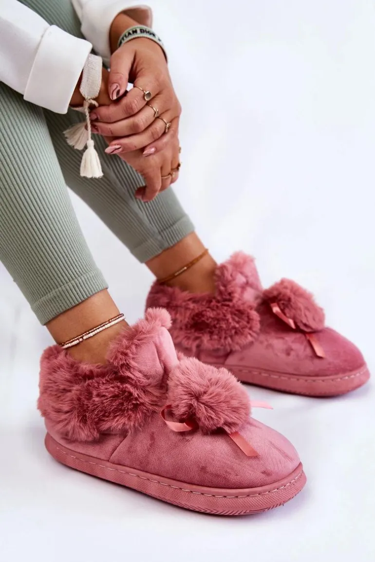 Damskie Wsuwane Futrzane Papcie Z Pomponem Różowe Noemi