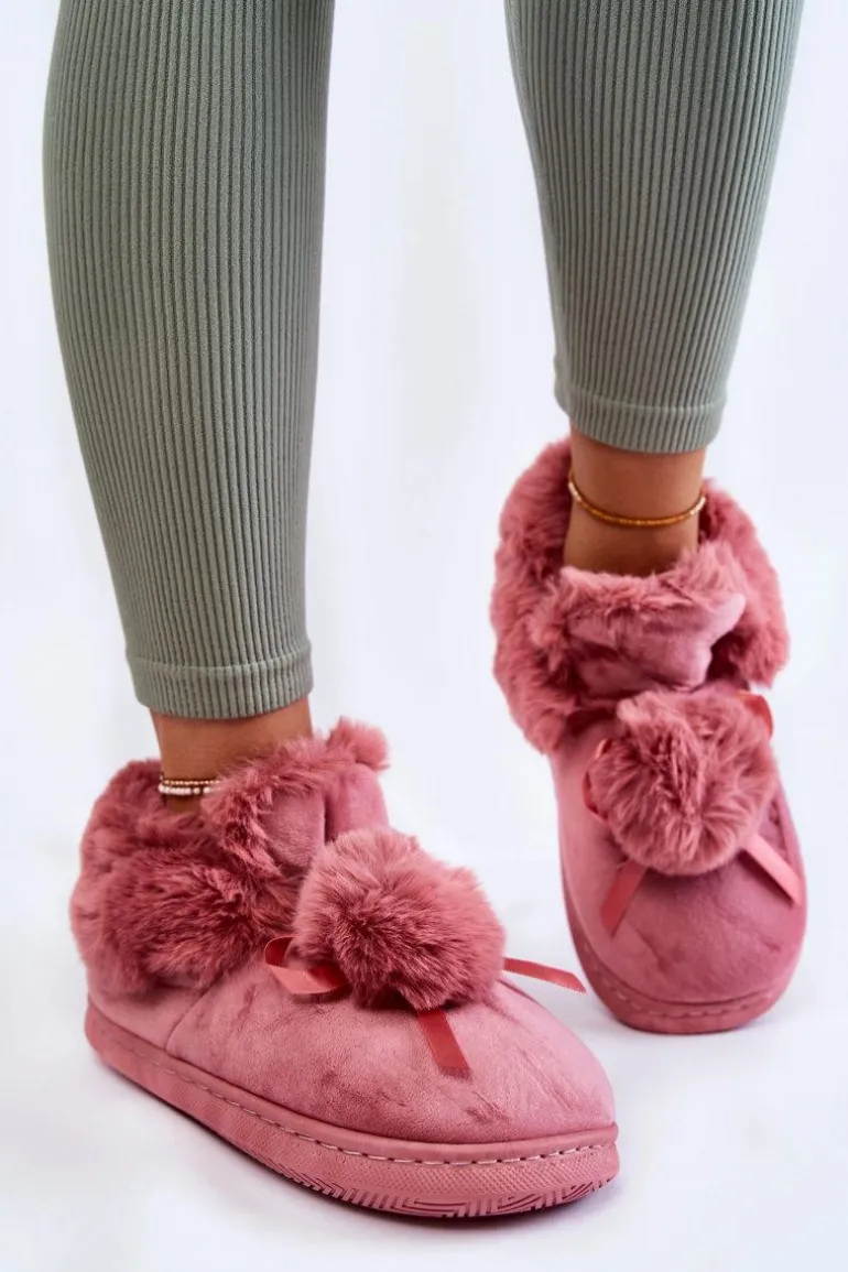 Damskie Wsuwane Futrzane Papcie Z Pomponem Różowe Noemi