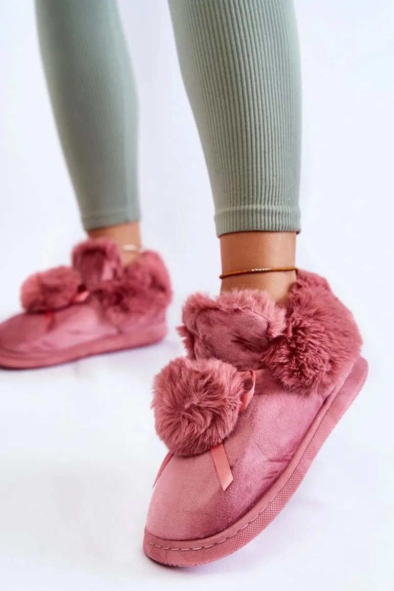 Damskie Wsuwane Futrzane Papcie Z Pomponem Różowe Noemi