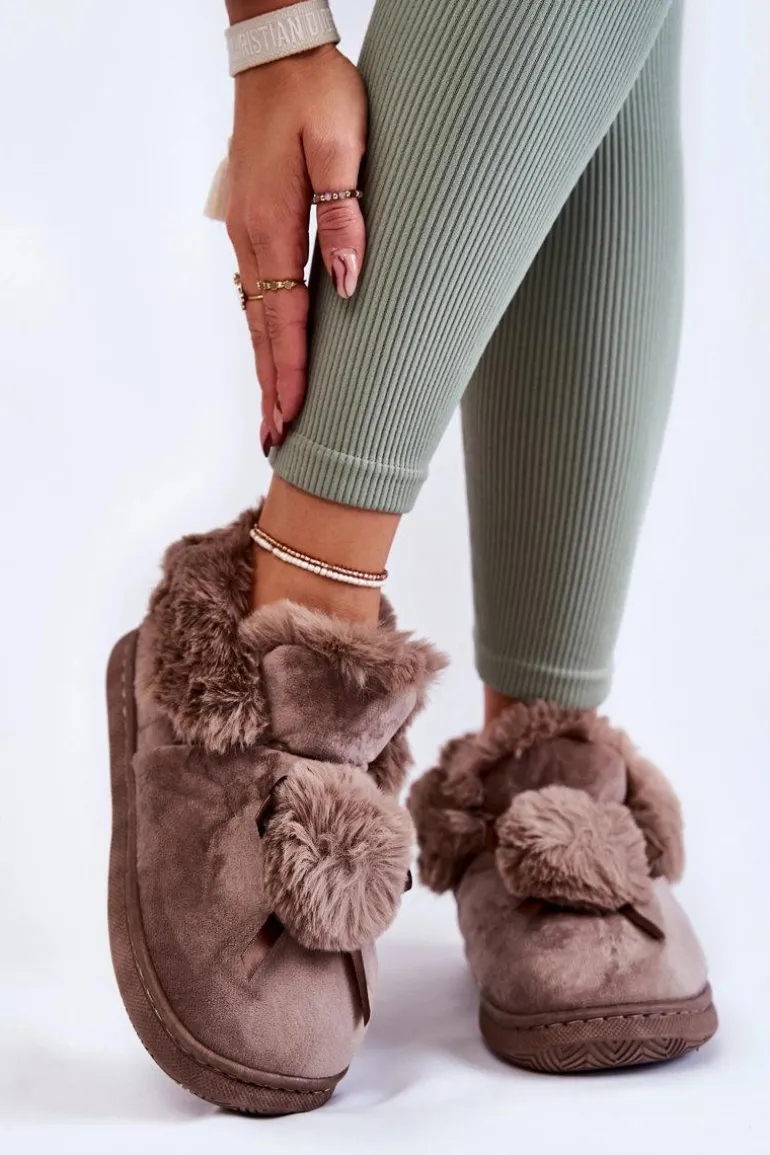 Damskie Wsuwane Futrzane Papcie Z Pomponem Brązowe Noemi