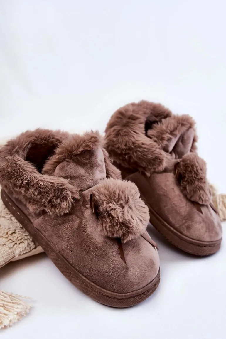 Damskie Wsuwane Futrzane Papcie Z Pomponem Brązowe Noemi