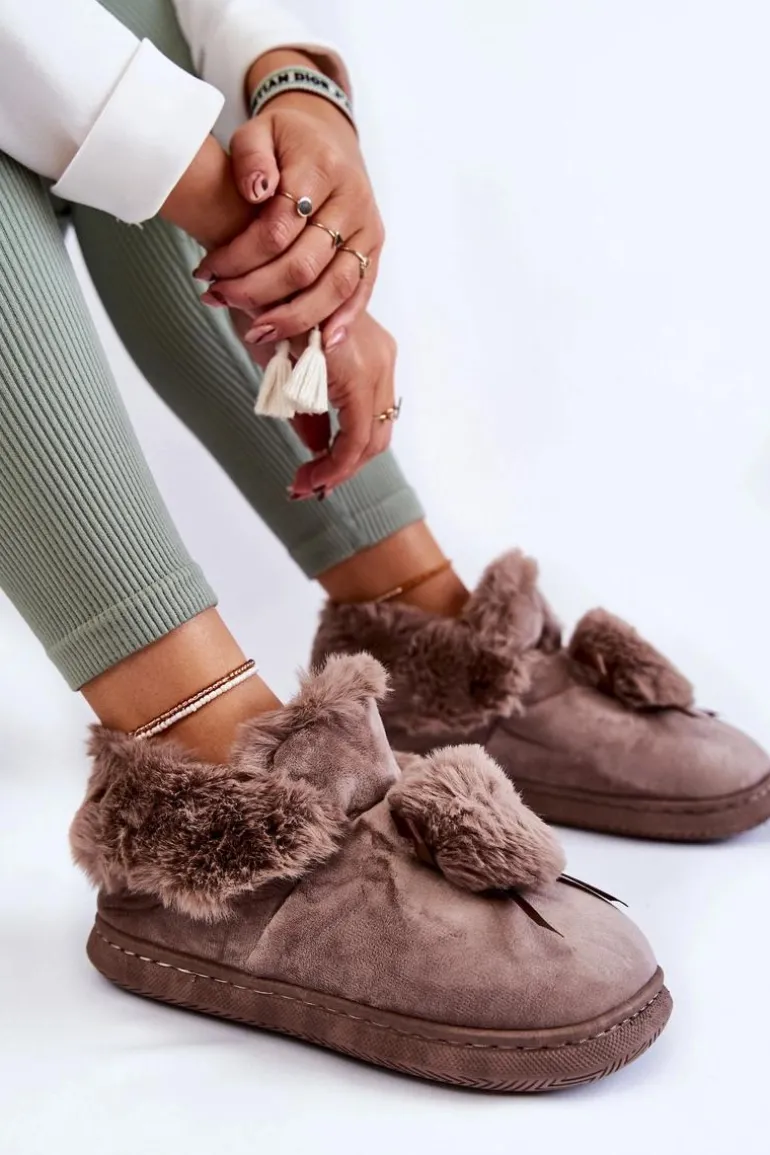 Damskie Wsuwane Futrzane Papcie Z Pomponem Brązowe Noemi