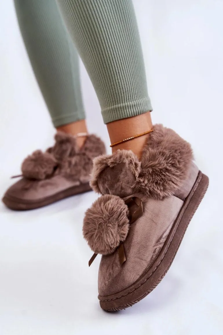 Damskie Wsuwane Futrzane Papcie Z Pomponem Brązowe Noemi