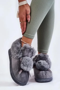 Damskie Wsuwane Futrzane Papcie Z Pomponem Szare Noemi