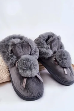 Damskie Wsuwane Futrzane Papcie Z Pomponem Szare Noemi