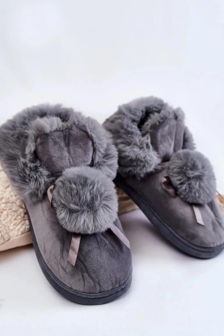 Damskie Wsuwane Futrzane Papcie Z Pomponem Szare Noemi