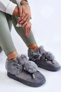Damskie Wsuwane Futrzane Papcie Z Pomponem Szare Noemi