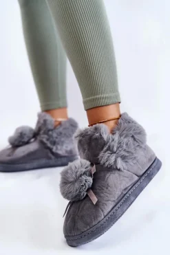 Damskie Wsuwane Futrzane Papcie Z Pomponem Szare Noemi