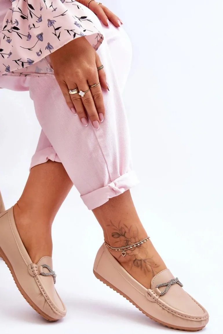 Damskie Wsuwane Mokasyny Z Błyszczącą Ozdobą Beżowe This Moment