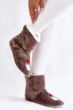 Damskie Wsuwane Ocieplane Papcie Z Pingwinami Ciemnoszare