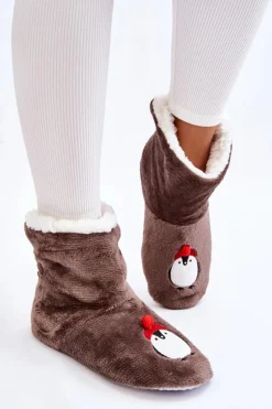 Damskie Wsuwane Ocieplane Papcie Z Pingwinami Ciemnoszare