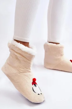 Damskie Wsuwane Ocieplane Papcie Z Pingwinami Kremowe