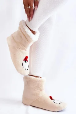 Damskie Wsuwane Ocieplane Papcie Z Pingwinami Kremowe