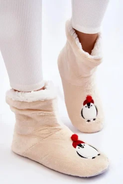 Damskie Wsuwane Ocieplane Papcie Z Pingwinami Kremowe