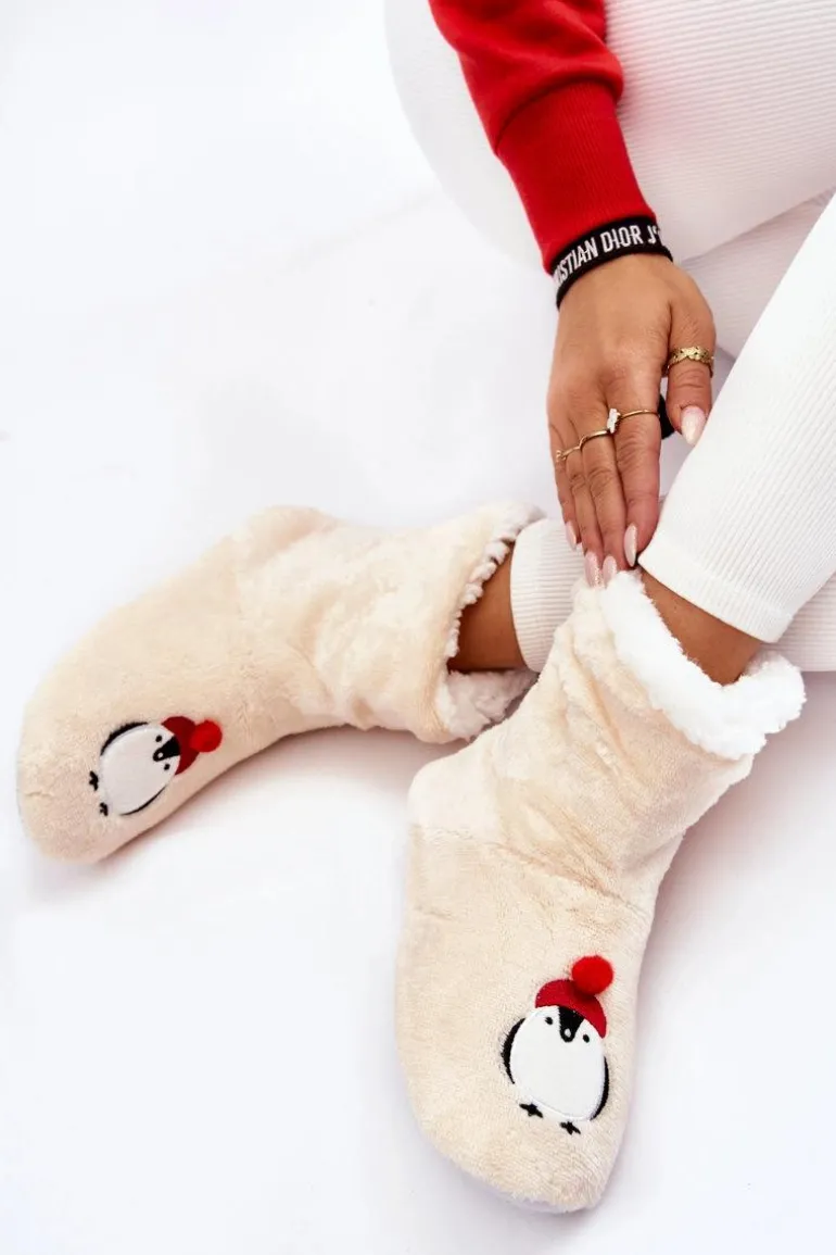 Damskie Wsuwane Ocieplane Papcie Z Pingwinami Kremowe