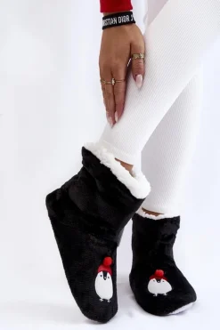 Damskie Wsuwane Ocieplane Papcie Z Pingwinami Czarne