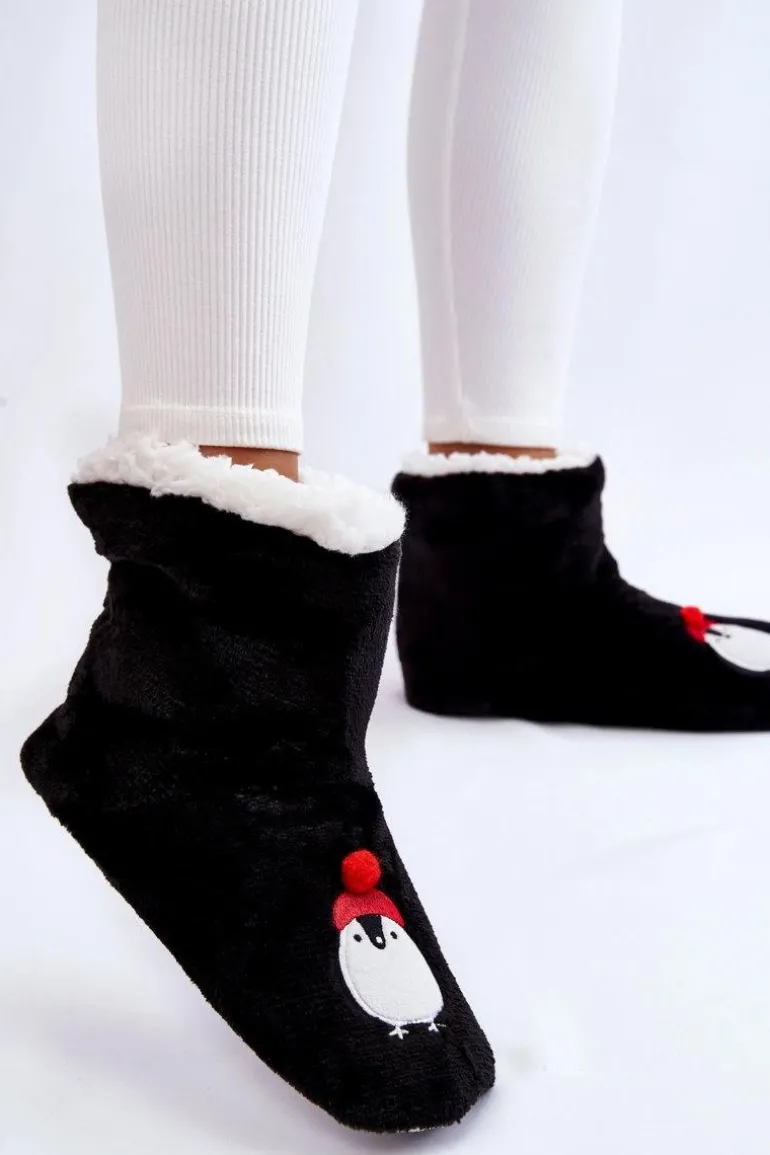Damskie Wsuwane Ocieplane Papcie Z Pingwinami Czarne