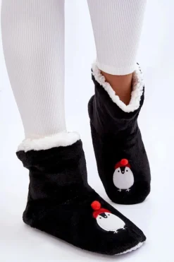 Damskie Wsuwane Ocieplane Papcie Z Pingwinami Czarne