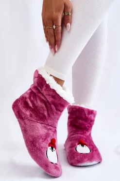 Damskie Wsuwane Ocieplane Papcie Z Pingwinami Fioletowe