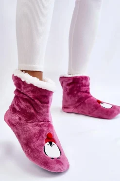 Damskie Wsuwane Ocieplane Papcie Z Pingwinami Fioletowe