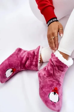 Damskie Wsuwane Ocieplane Papcie Z Pingwinami Fioletowe