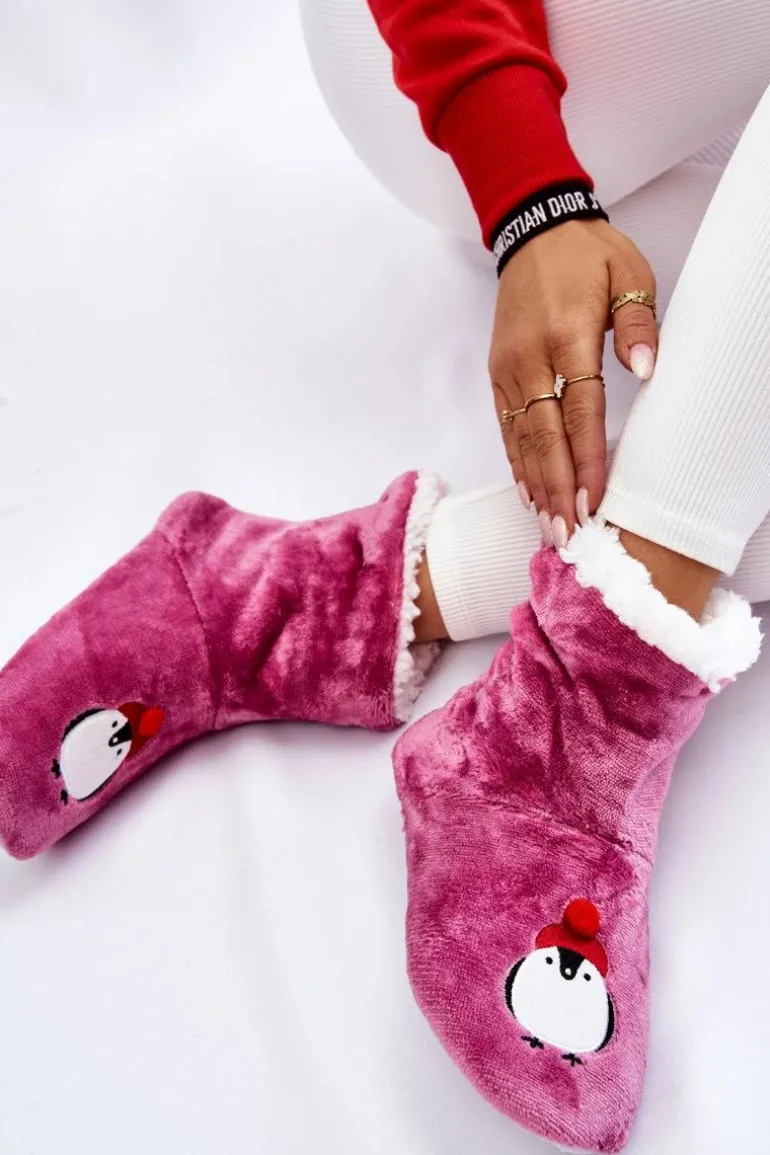 Damskie Wsuwane Ocieplane Papcie Z Pingwinami Fioletowe