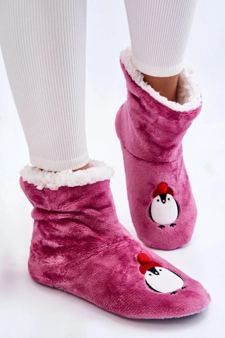 Damskie Wsuwane Ocieplane Papcie Z Pingwinami Fioletowe