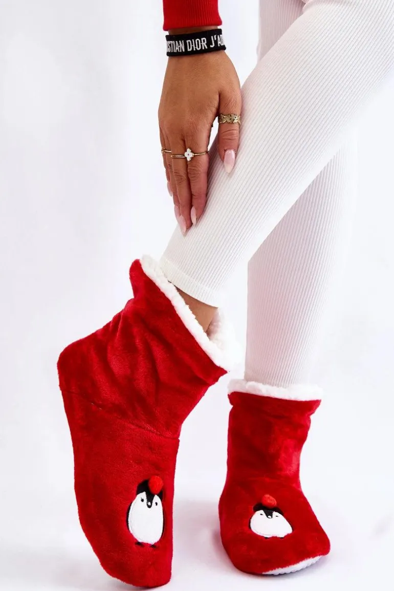 Damskie Wsuwane Ocieplane Papcie Z Pingwinami Czerwone