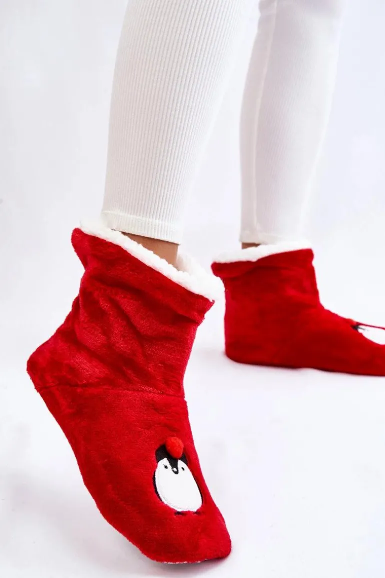Damskie Wsuwane Ocieplane Papcie Z Pingwinami Czerwone