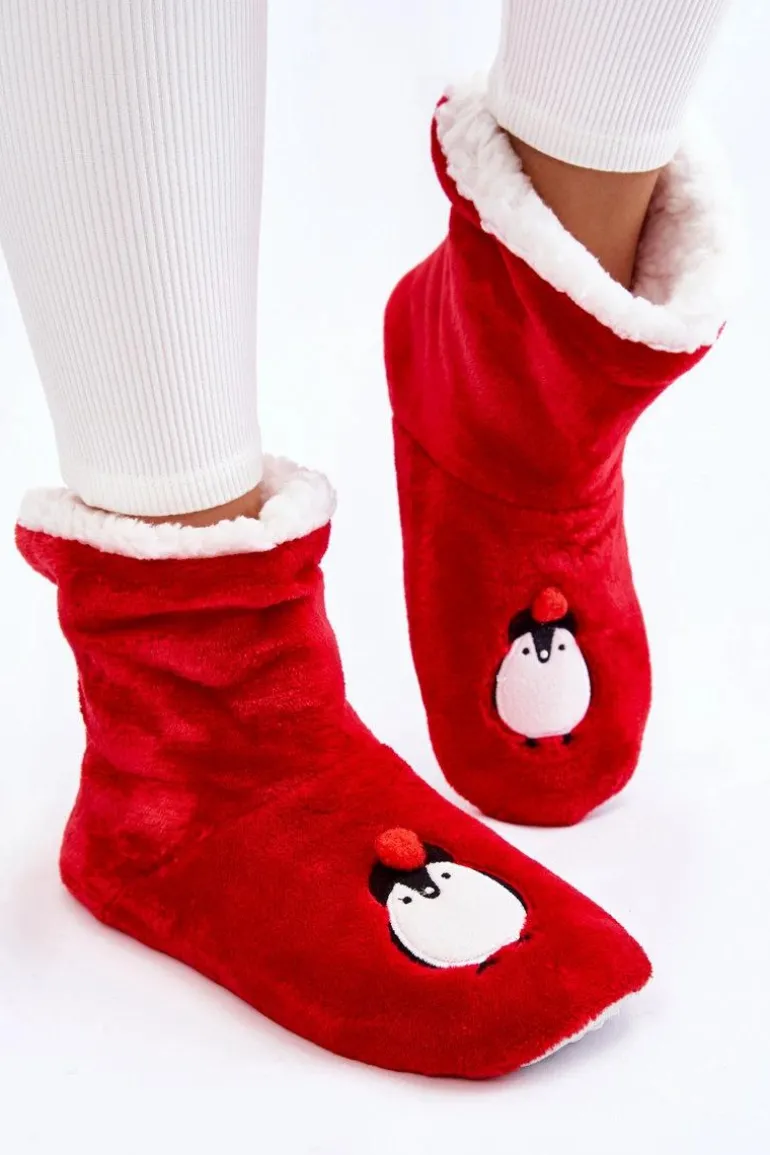 Damskie Wsuwane Ocieplane Papcie Z Pingwinami Czerwone