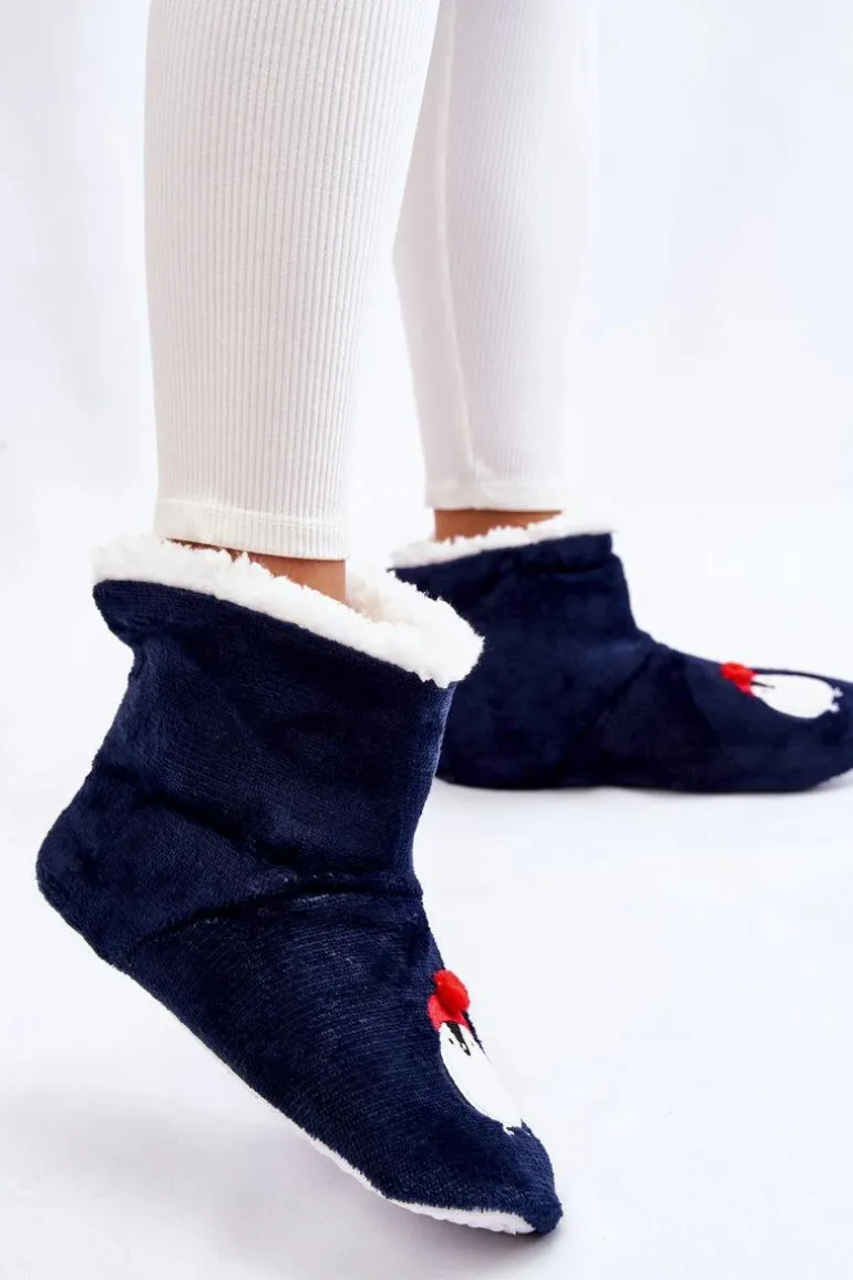 Damskie Wsuwane Ocieplane Papcie Z Pingwinami Granatowe