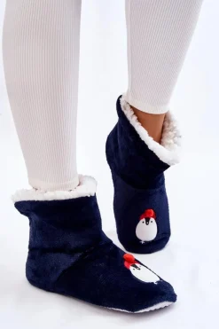 Damskie Wsuwane Ocieplane Papcie Z Pingwinami Granatowe