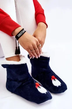 Damskie Wsuwane Ocieplane Papcie Z Pingwinami Granatowe