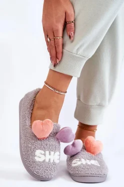 Damskie Wsuwane Papcie Z Sercami Szare Alasca