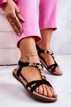 Damskie Wsuwane Sandały Z Ozdobą Czarne Salinna
