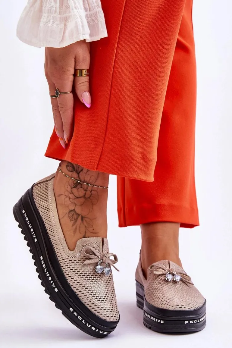 Damskie Wsuwane Skórzane Trampki Błyszczące Złote Raven