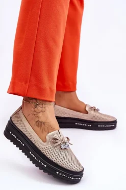 Damskie Wsuwane Skórzane Trampki Błyszczące Złote Raven