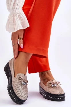 Damskie Wsuwane Skórzane Trampki Błyszczące Złote Raven