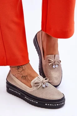 Damskie Wsuwane Skórzane Trampki Błyszczące Złote Raven