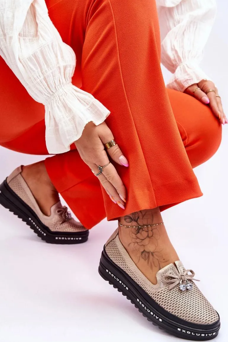 Damskie Wsuwane Skórzane Trampki Błyszczące Złote Raven